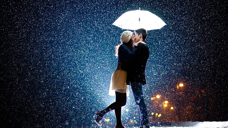 Couple Is Kissing Under White Umbrella In Bokeh Background Couple, HD wallpaper
