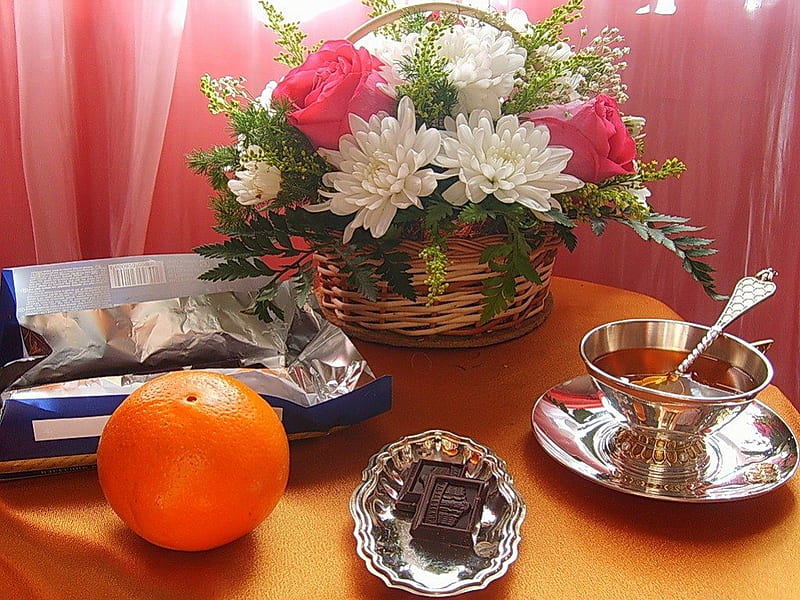Still life, candy, red, orange, chrysanthemum, chocolate, graphy, arrangement, flowers, pink, table, roses, abstract, basket, tea time, cup, white, HD wallpaper