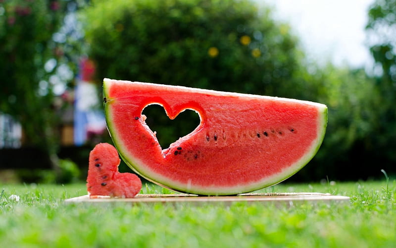 Watermelon heart, fruit, green, food, watermelon, heart, summer, dessert, sweet, HD wallpaper