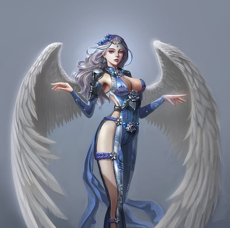 Angel, mars foong, fantasy, wings, girl, white, blue, HD wallpaper