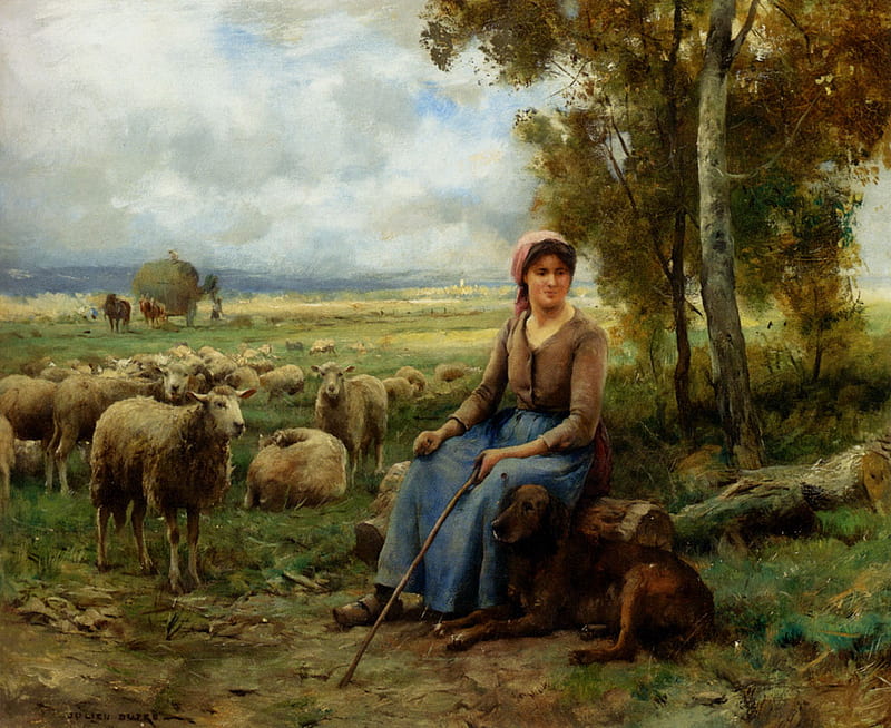 Shepherdess watching over her flock, by Julien Dupre, farm, julien dupre, art, sheep, painting, woman, shepherd, flock, HD wallpaper