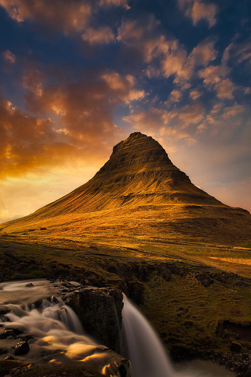 Kirkjufell, dusk, fall, landscapes, mountain, nature, river, waterfall, HD phone wallpaper