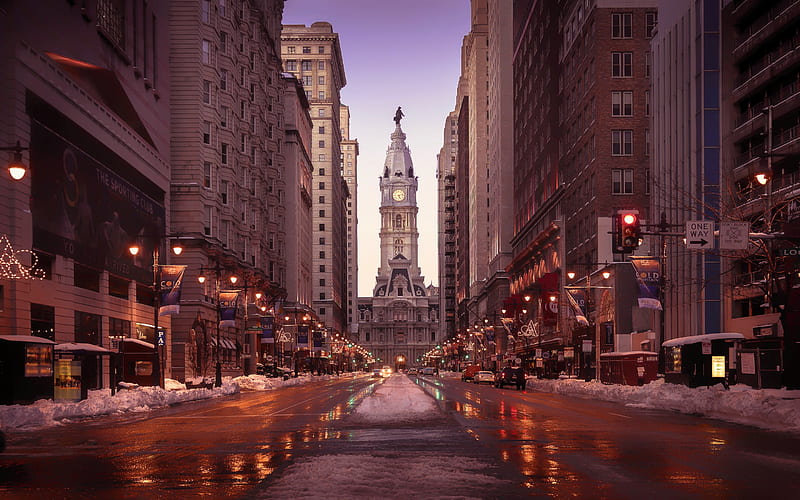 Philadelphia, City Hall, streets, winter, evening, skyscrapers, Pennsylvania, USA, United States of America, HD wallpaper