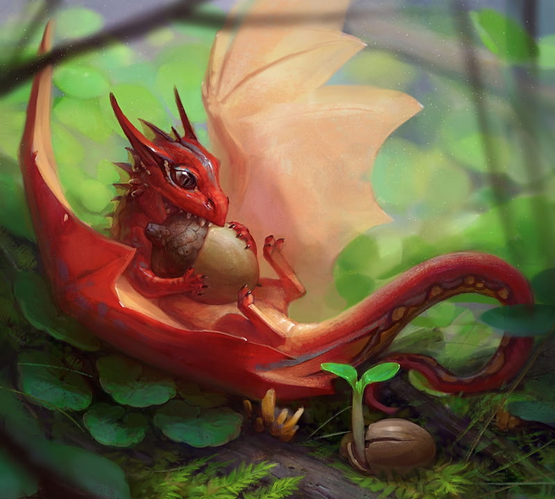 Tiny dragon, alsareslynx, red, acorn, wings, fantasy, green, luminos, dragon, HD wallpaper