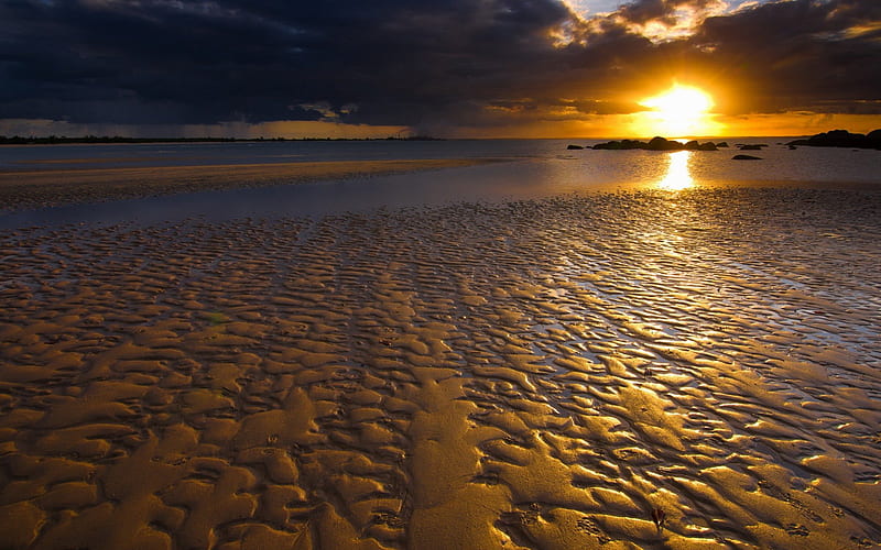 sunset on a rippled beach, beach, ripples, sunset, clouds, low tide, HD wallpaper