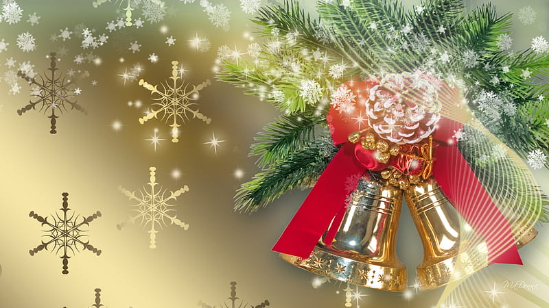 Ring in the New Year, christmas, new years, red ribbon, gold bells, shine, winter, gold, green, pine, snowflakes, fir, HD wallpaper