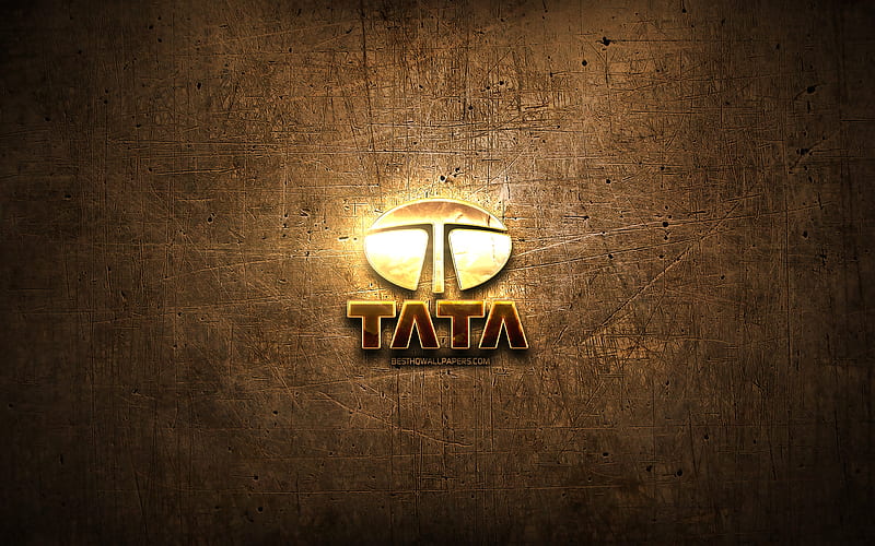 Tata golden logo, cars brands, artwork, brown metal background, creative, Tata logo, brands, Tata, HD wallpaper