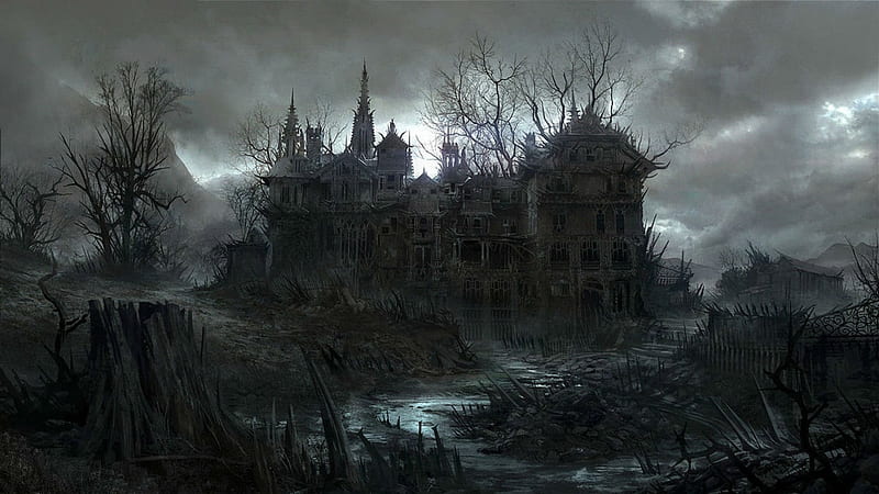 Haunted House, mountain, house, haunted, Halloween, trees, clouds, HD wallpaper