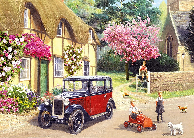 The country bus, red, art, cottage, children, spring, retro, tree, trevor mitchell, car, painting, child, pictura, pink, vintage, HD wallpaper