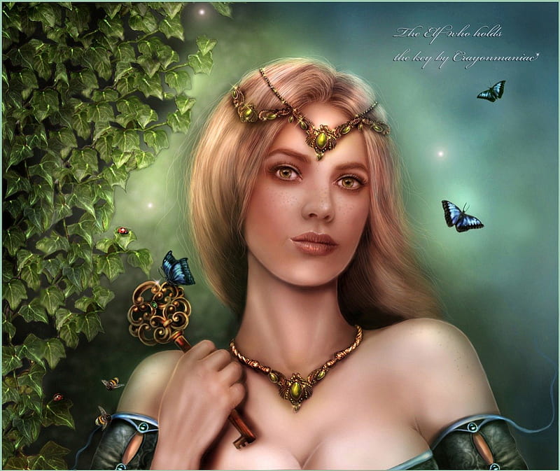 **Key Beloved of Elf**, pretty, women, sweet, fantasy, paintings, butterfly, face, drawings, insects, lovely, models, lips, trees, key, jewelry, ladybug, eyes, wings flying, perfect, shine, bonito, digital art, hair, leaves, people, girls, light, gorgeous, animals, female, spledor, necklace, butterflies, diamonds, bee, plants, beetles, HD wallpaper