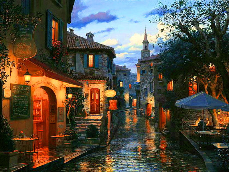 A warm evening, houses, town, sky, clouds, lights, shops, evening, street, night, HD wallpaper