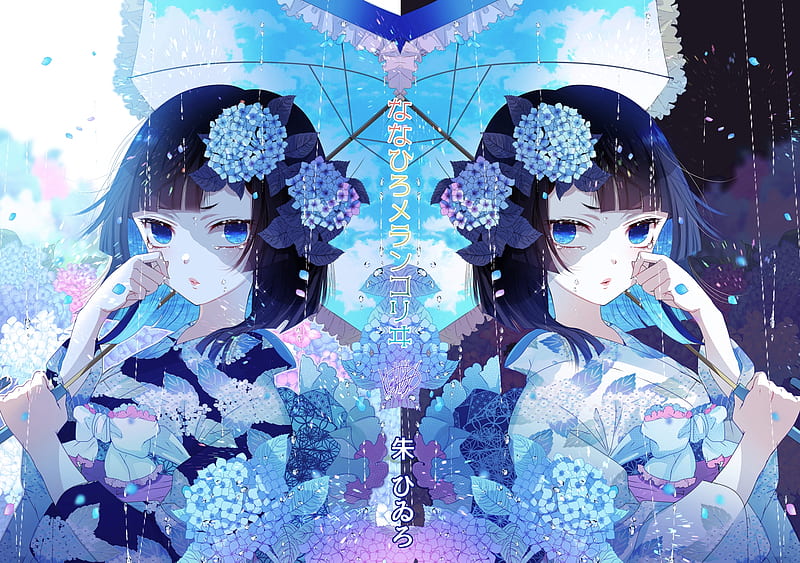 kimono, teary eyes, anime girl, black hair, umbrella, flowers, Anime, HD wallpaper