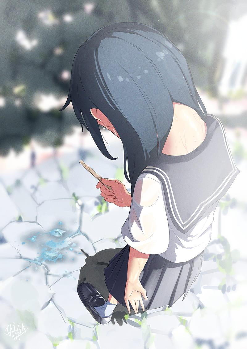 anime school girl, crying, school uniform, back view, Anime, HD phone wallpaper