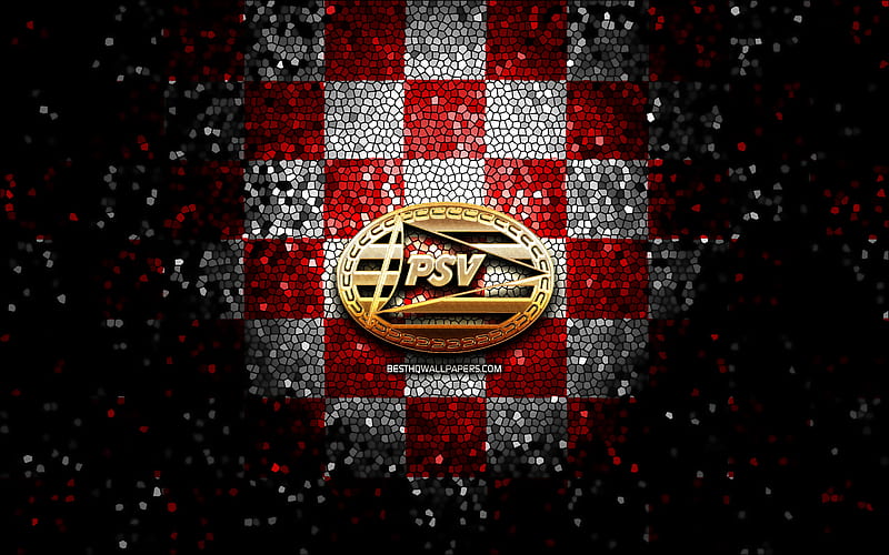 PSV Eindhoven FC, glitter logo, Eredivisie, red white checkered background, soccer, Dutch football club, PSV Eindhoven logo, mosaic art, football, PSV Eindhoven, HD wallpaper