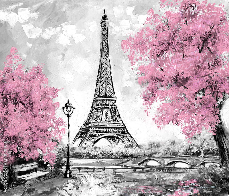 Oil Painting, Paris. european city landscape. France, , eiffel tower. Black, white and pink, Modern art Stock Illustration, HD wallpaper