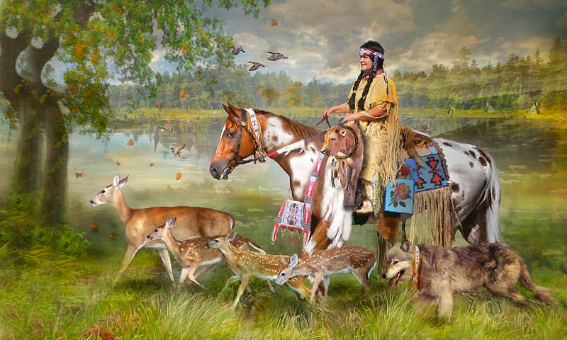 Leaves on The Wind, Wolf, native woman, deer, indigenous, Native American,  Animals, HD wallpaper | Peakpx