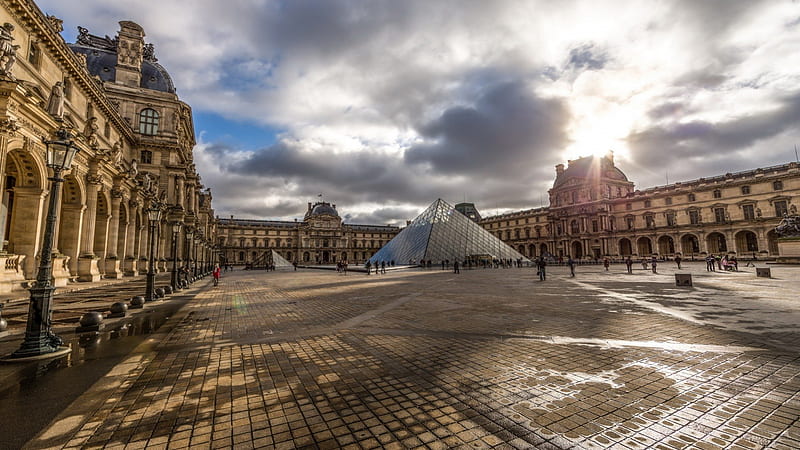 wondrous louvre museum in paris, modern, museum, courtyard, clouds, old, HD wallpaper