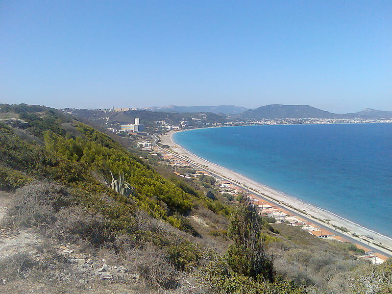 Rodos, beach, island, hill, ocean, HD wallpaper