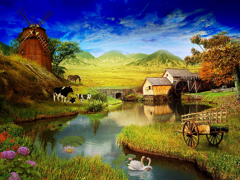 Farm, hills, windmill, mill, grass, horse, swans, pond, wagon, bridge, flowers, nature, river, cows, HD wallpaper