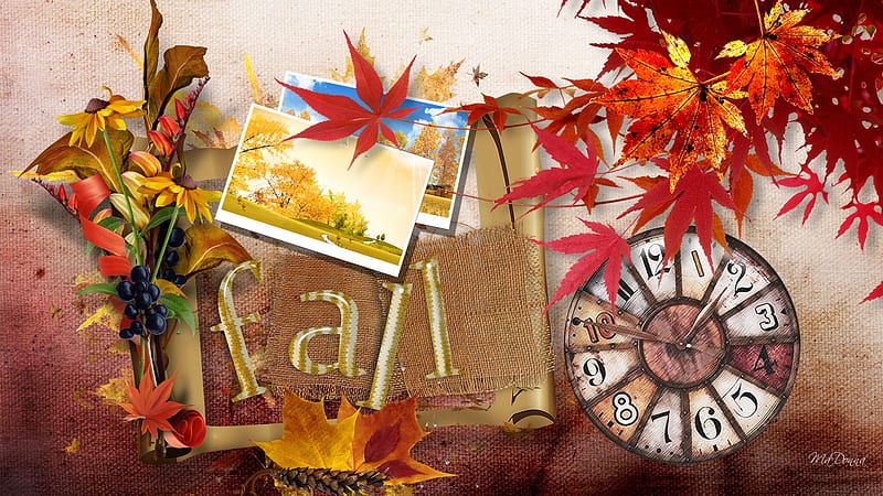 Autumn Time, burlap, fall, time, maple leaves cones, clock, thanksgiving, grapes, leaves, flowers, color, HD wallpaper