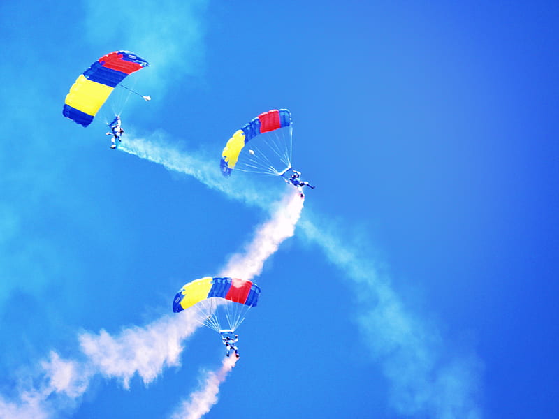aguilas de gules, bandera de colombia, sky, colombia, flag, flags, fuerza aerea, humo, paracaidas, sky, HD wallpaper