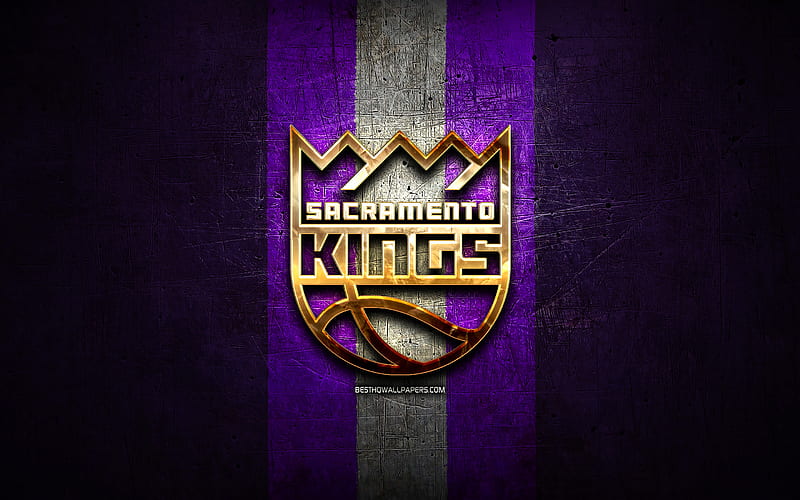 Sacramento Kings, golden logo, NBA, violet metal background, american basketball club, Sacramento Kings logo, basketball, USA, HD wallpaper