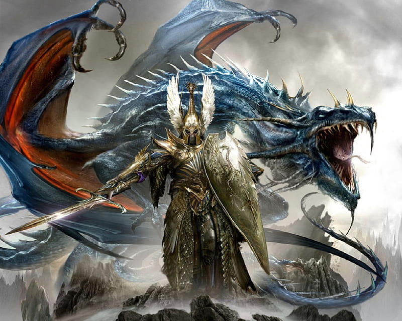 High Elf And Dragon, Warhammer, elf, shield, dragon, sword, armour, HD wallpaper
