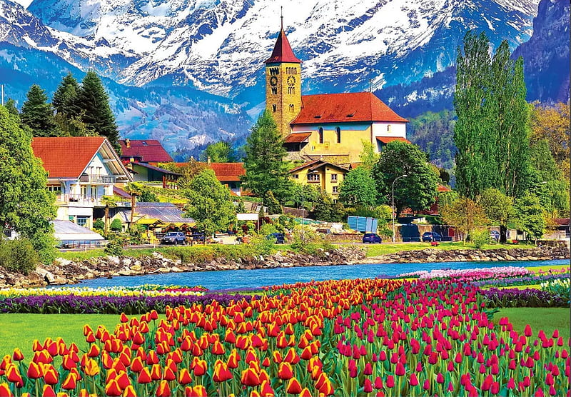Brienz Town and Flowers, Switzerland, houses, mountains, village, river, tulips, church, trees, alps, HD wallpaper