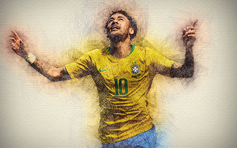 Neymar, Brazilian football team, artwork, soccer, Neymar Jr, footballers, drawing Neymar, Brazil National Team, HD wallpaper