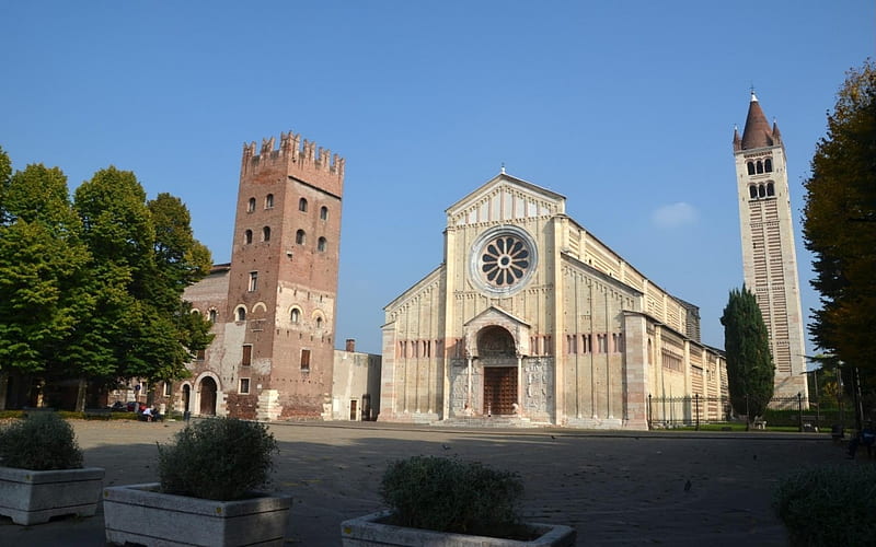 Basilica of San Zeno on a bright day, Facade divided into 3 vertical components, San Zeno, Built of cream coloured tuff, Basilica, HD wallpaper