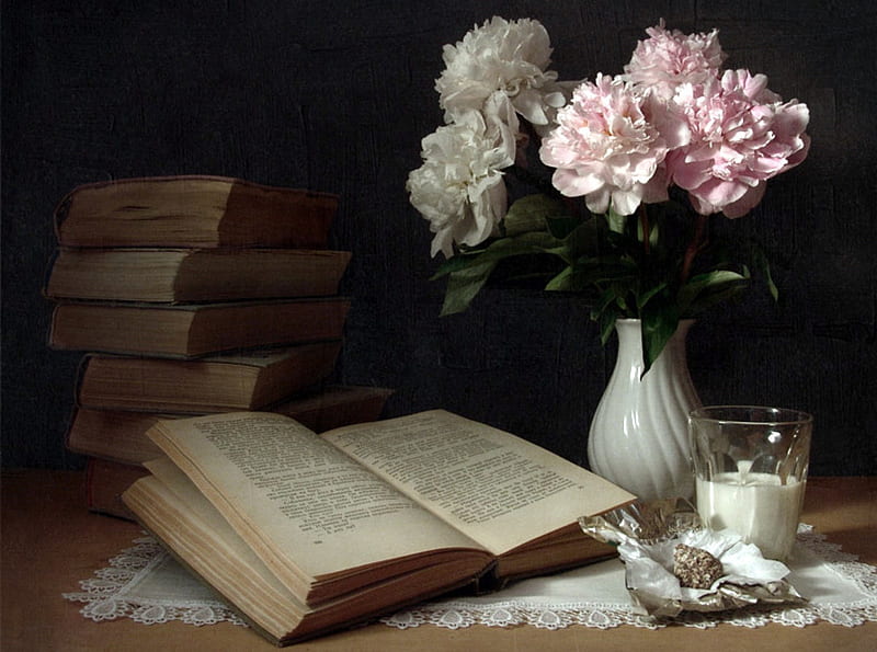Quiet Hour, glass, still life, books, flowers, scarf, vase, milk, peonies, HD wallpaper