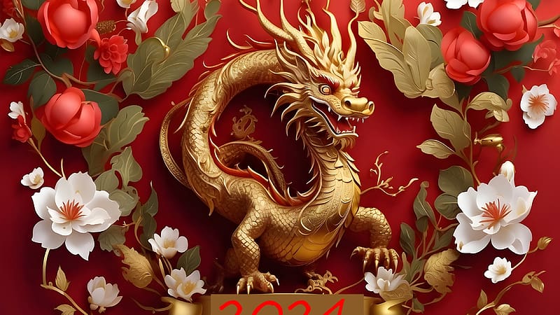 Chinese Zodiac ~ Dragon, golden, fantasy, red, dragon, 2024, chinese zodiac, card, new year, flower, HD wallpaper
