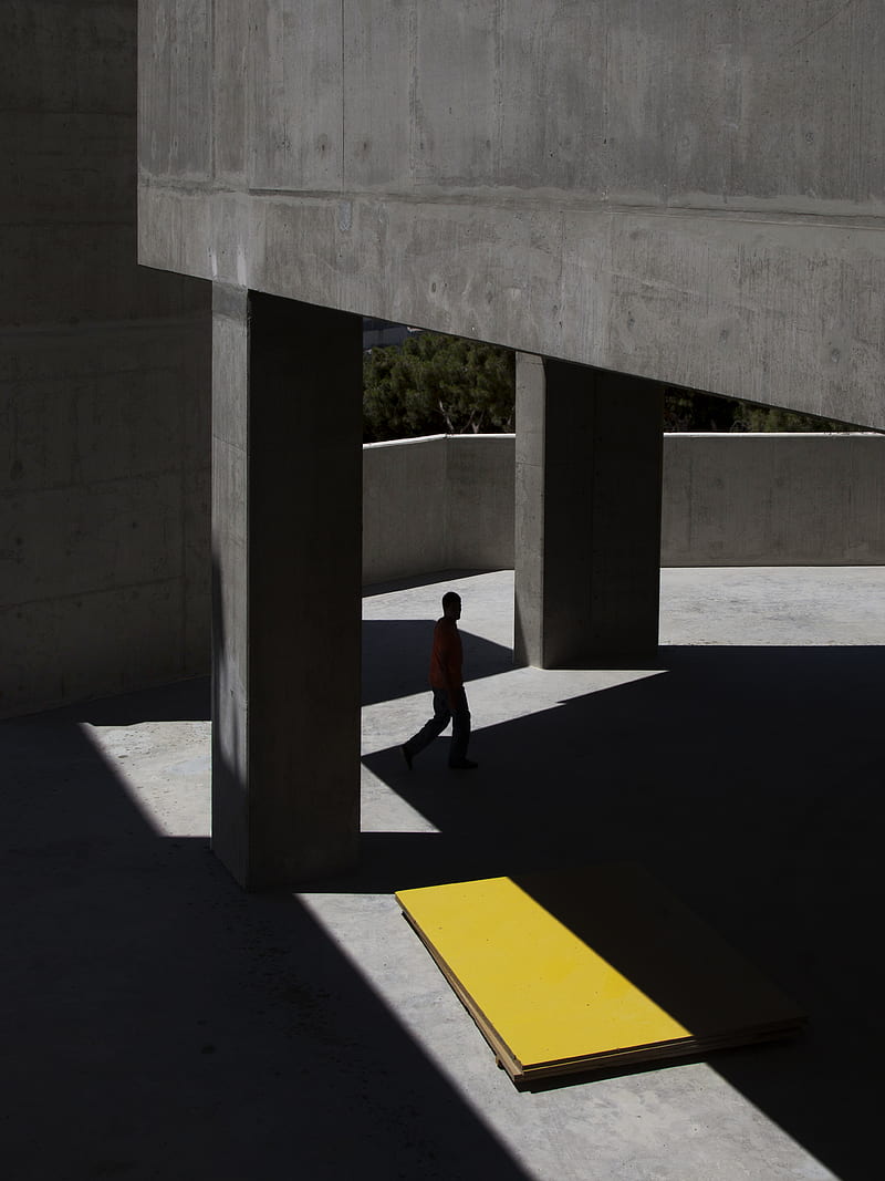 concrete, building, shadow, pillar, column, yellow, HD phone wallpaper