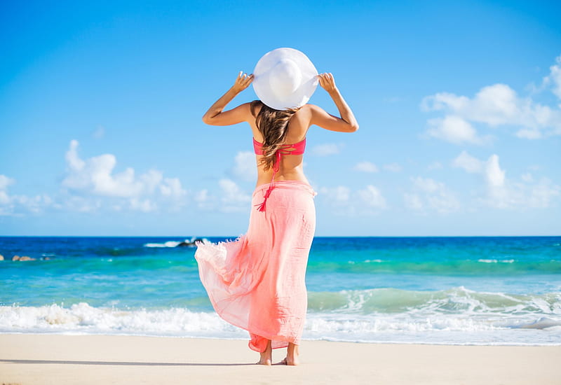 Summer Breeze, ocean, wind, breeze, waves, women, sea, hat, beach, sand, HD wallpaper