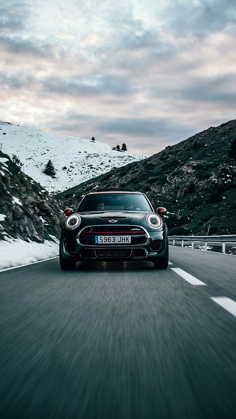 Mini Cooper S, black, car, esports, , snow, mountains, road, HD phone wallpaper
