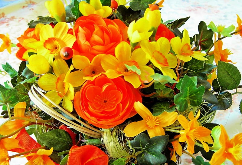 Flower Bouquet, orange, blossoms, yellow, spring, petals, HD wallpaper
