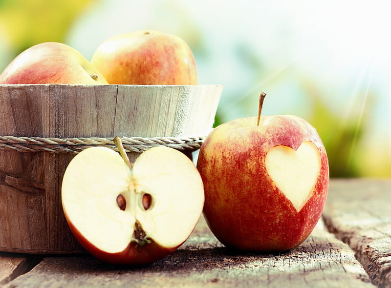 Healthy Love , heart shape, health, love, apples, nature, wooden, HD wallpaper