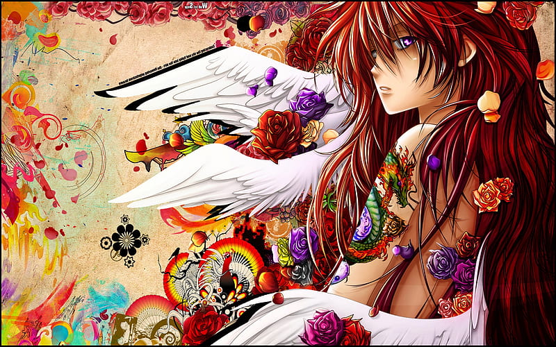 ANIME TATOO GIRL, tattoos, paint, anime, flowers, dragon, HD wallpaper