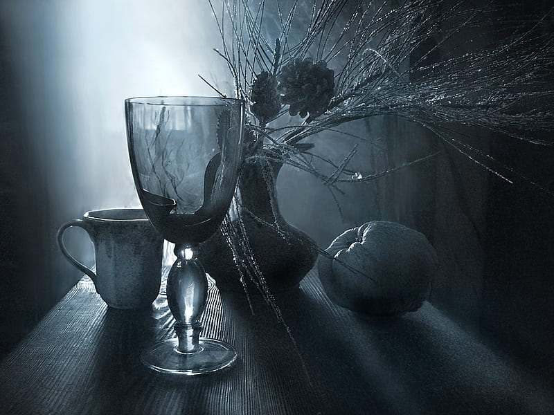 STILL LIFE IN GREYS, glass chalice, cup, fruit, vase flowers, HD wallpaper
