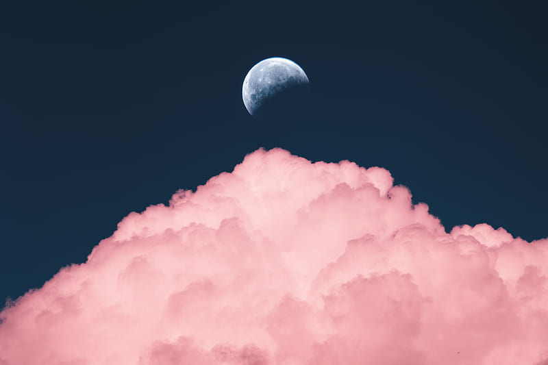 pink clouds, moon, shiny, Space, HD wallpaper