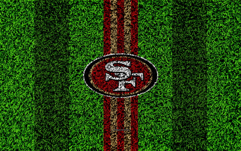 San Francisco 49ers, logo grass texture, emblem, football lawn, red gold lines, National Football League, NFL, San Francisco, California, USA, American football, HD wallpaper