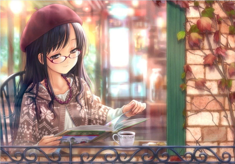 Reading, plant, glasses, book, sweet, sunglasses, leaves, anime, drink, anime girl, long hair, black hair, female, necklace, leave, brown eyes, hat, leaf, cute, girl, coffee, cup, HD wallpaper