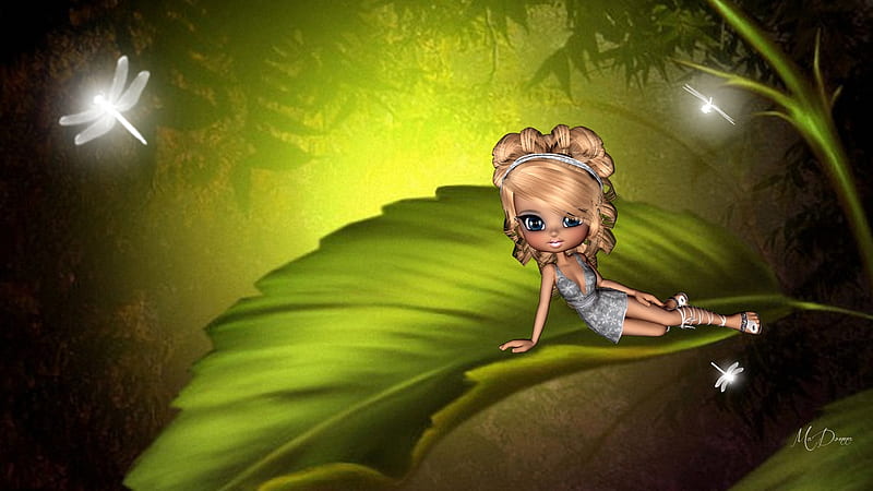 Fairy on Leaf, pixie, fantasy, fae, green, dragonflies, summer, fairy, leaf, HD wallpaper