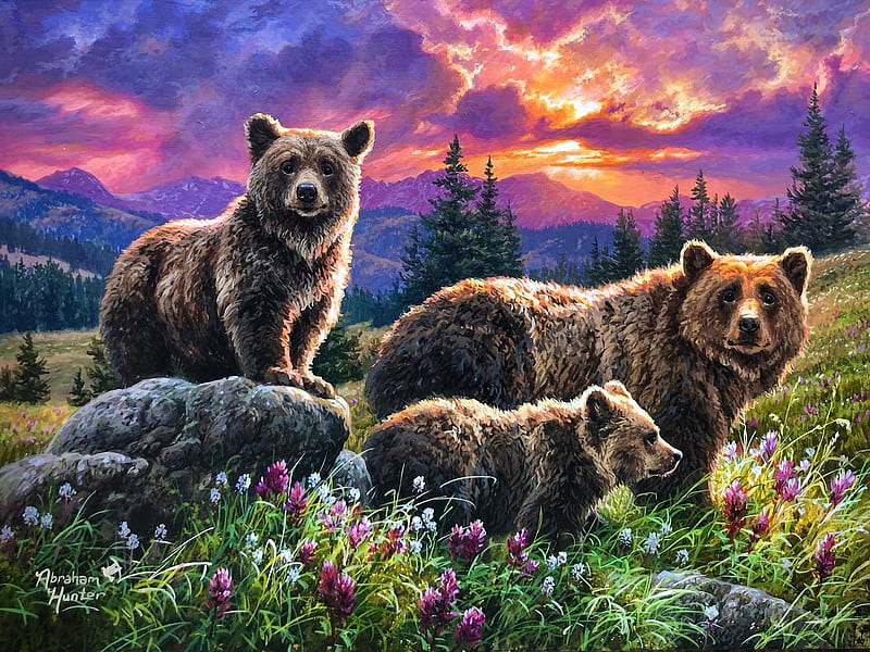Growing Up, cub, flowers, sunset, bears, clouds, sky, trees, family, artwork, painting, HD wallpaper