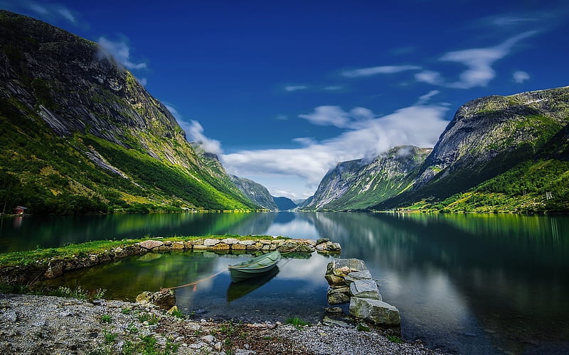 boat, pier, mountains, norway, fjords, summer, beauty, HD wallpaper