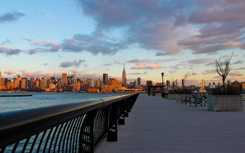 new jersey waterfront overlooking nyc, city, river, waterfront, clouds, HD wallpaper