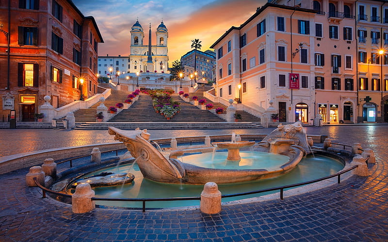 Spanish Steps, Fontana della Barcaccia, Piazza di Spagna, Rome, Italy, evening, sights, interesting places, Church of Trinità dei Monti, HD wallpaper