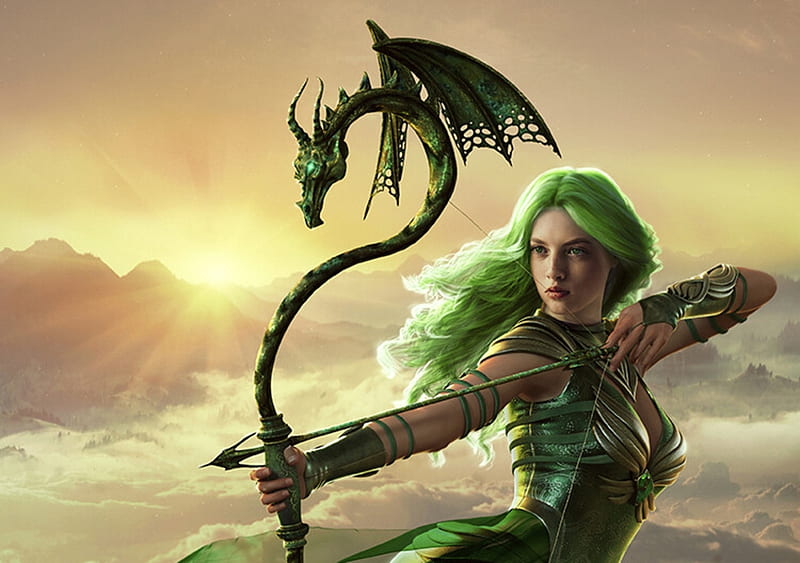 Archer, mihaela voicu, fantasy, frumusete, luminos, green, girl, dragon, HD wallpaper