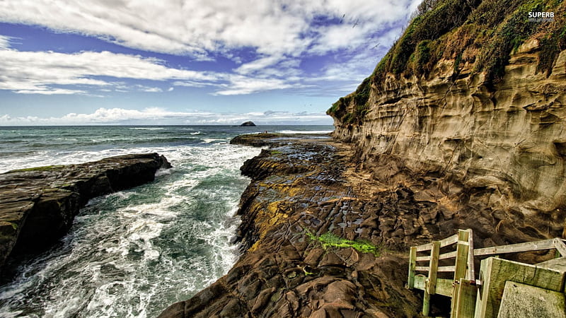 ramp to a rough seashore r, rocks, shore, cliff, r, ramp, clouds, sea, HD wallpaper