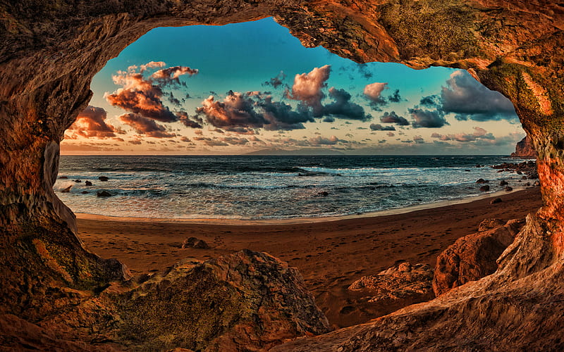 Canary Islands cave, beach, beautiful natu, sea, summer, R, Canary nature, HD wallpaper